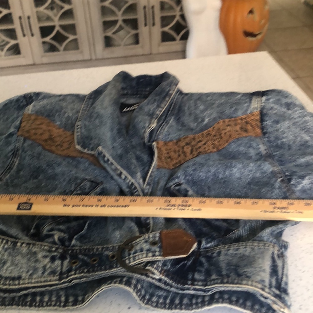 Vintage 80s/90s stone washed denim and leather snake print fringe jacket size S - Picture 4 of 17
